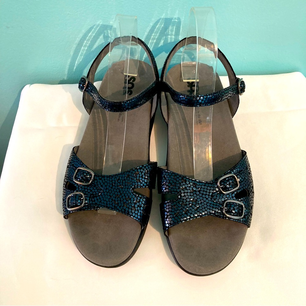 SAS Duo Sandal Navy Perla, leather ankle strap buckle cushioned footbed-10 WW